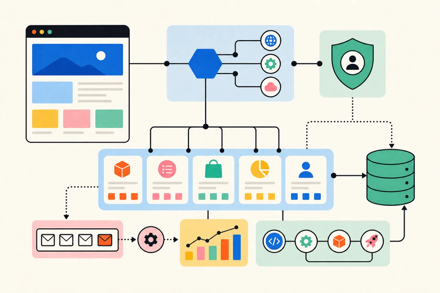 Архитектура веб-приложения с интерфейсом, API, модулями и хранилищем данных